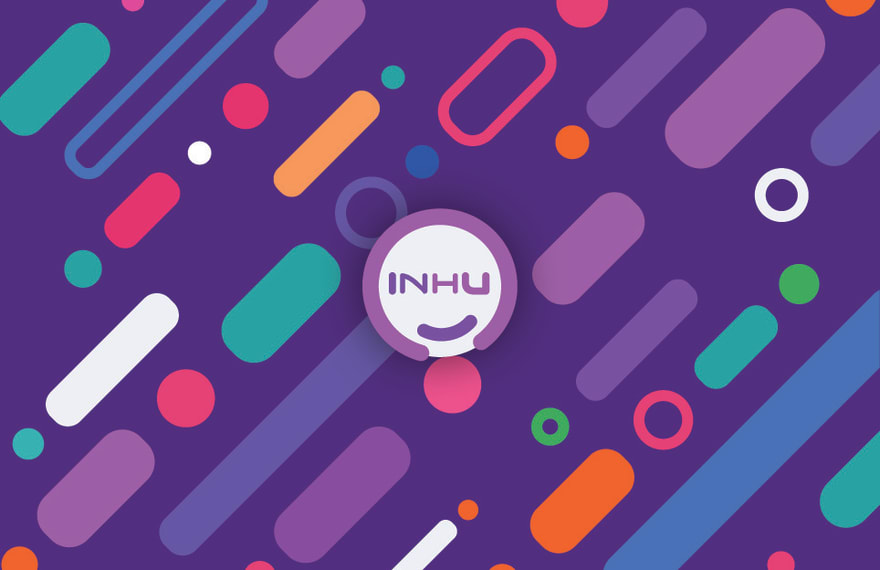 The InHu logo sat on top of the background with a drop shadow to make it look like it is floating. The InHu logo is a white circle with a thick pink outline with a slight gap at the bottom containing the text InHu split dark purple for "In" and pink for "Hu" with a little curve at the bottom within the white circle in dark purple also. Due to weighting on the "I" and the "U" being stronger and the small curved line at the bottom it looks like a smiling face. The background is dark purple with 45 degree rounded rectangles, hollow circles with thick outlines and filled circles with multiple colours that are bright and vibrant.