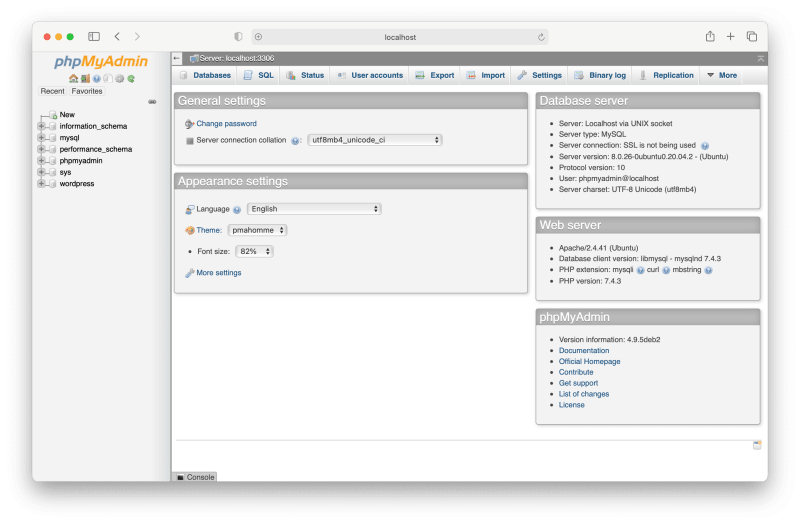 phpMyAdmin’s home screen, which still looks as if it was designed by a programmer.