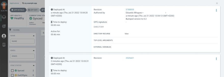 Detail of the deployment performed by the GitOps tool shown in the GitOps UI