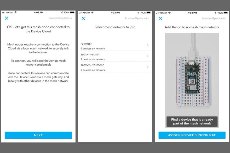 Three images from the Particle mobile app. Each shows a different stage in the mesh network setup.