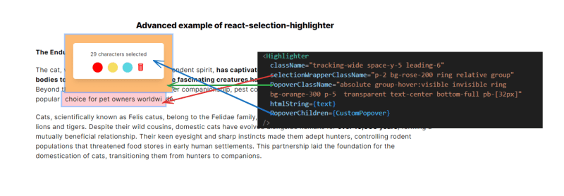 A React component for highlighting text selections within text and HTML content