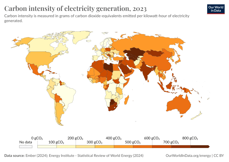 Map of carbon intensity of electricity in 2022, per country; countries whose electricity consumption emits less than 100 g CO₂e per kWh are mainly in Central, Eastern, and Southern Africa, and in Europe