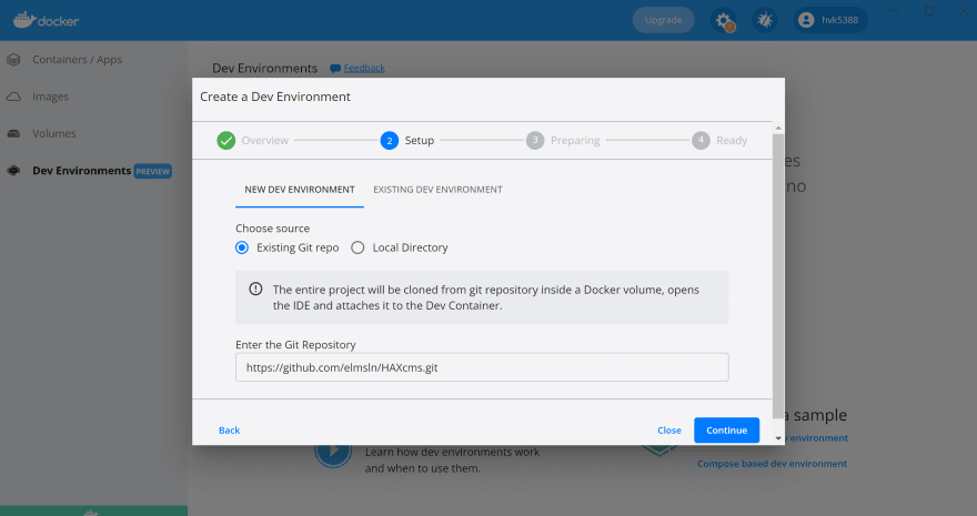 Docker screen with repo link