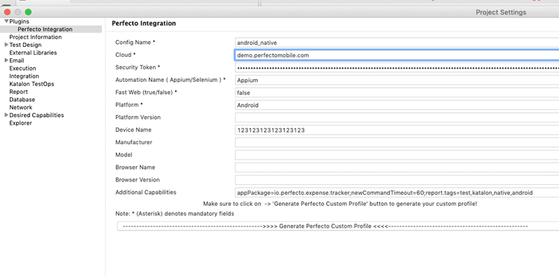 Create a custom Perfecto profile - Screenshot