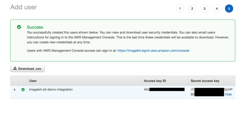 Once the new user is created copy the access key ID and the Secret access key