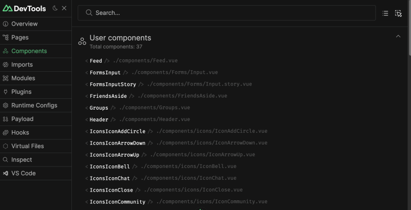 Nuxt devtools components screen