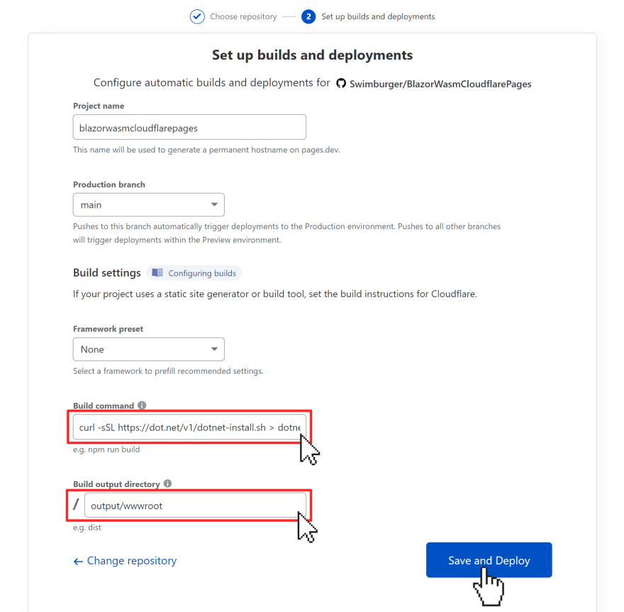 Screenshot of the Cloudflare Pages build and deployment settings