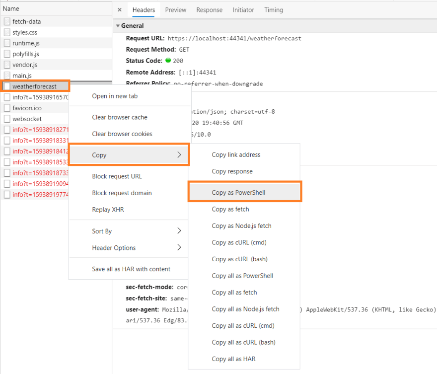 Screenshot of how to Copy HTTP Requests as PowerShell in Edge DevTools