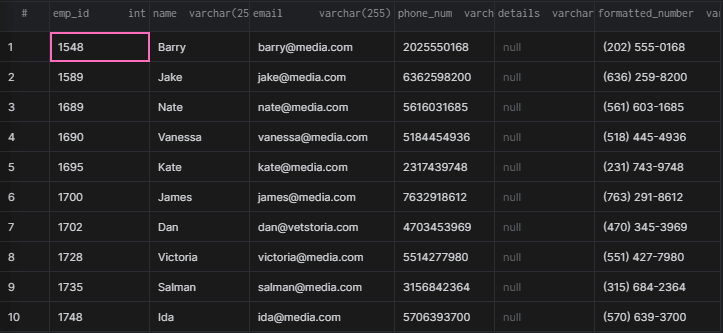 Screenshot of data from a query to convert phone numbers to formatted data.