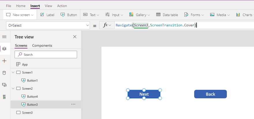 A picture showing how to add the Back function in PowerApps