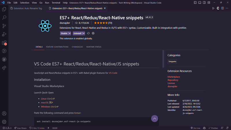 ES7+ React/Redux/React-Native Snippets