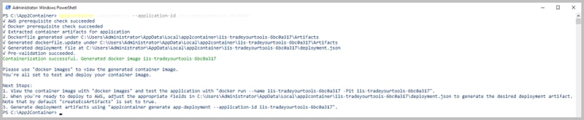 Figure 5. Output from containerizing an application in App2Container