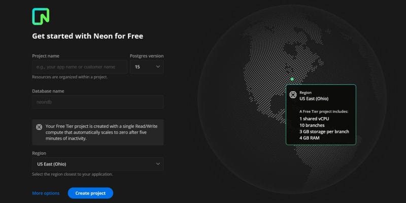 Creating a new project and database on Neon