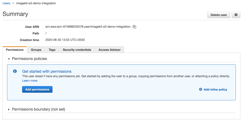 Click on “Add Permissions” for the newly created user to get started