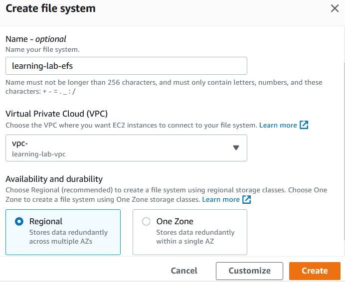 Creating AWS EFS File System via console, image 2