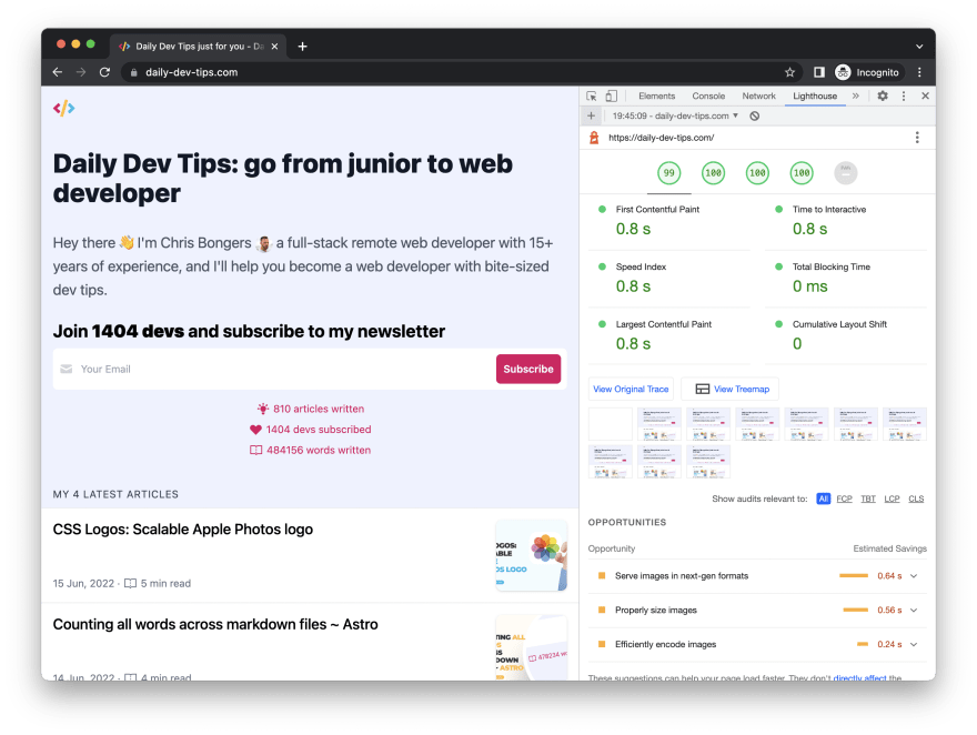 Desktop lighthouse report for daily-dev-tips.com scoring 99 points