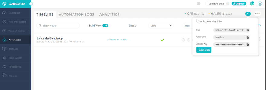 LambdaTest automation dashboard