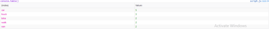 Screenshot of console.table(tarnsportation)