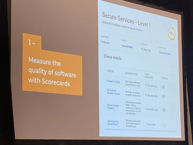 Slide Title: Measure the Quality of Software with Scorecards, and then shows an image of a demo app scoring 75%