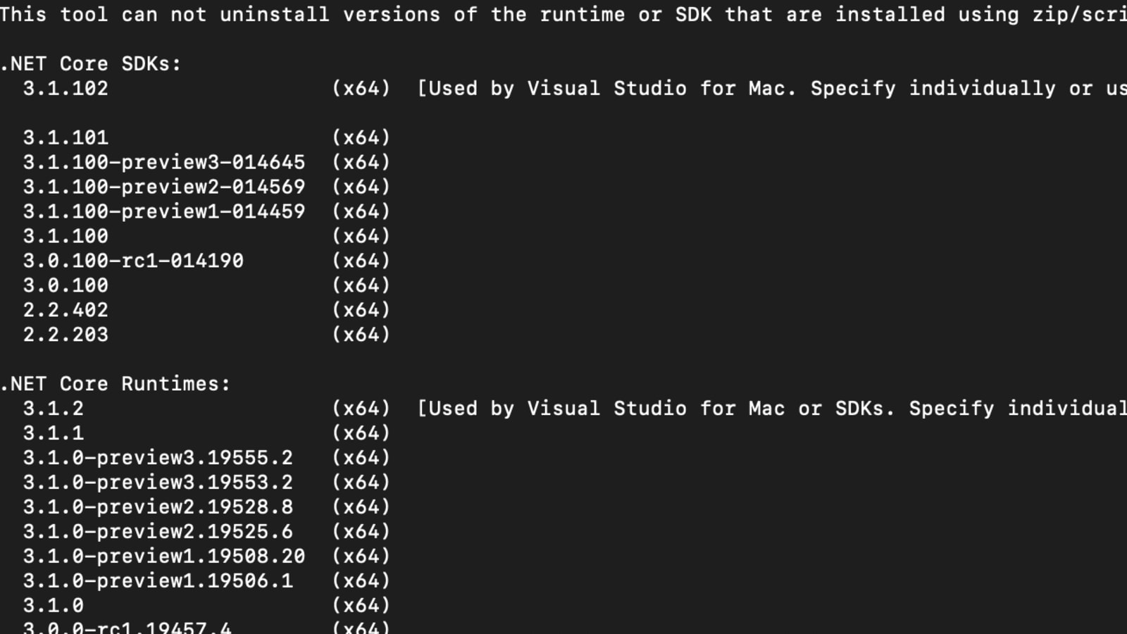 .net runtimes for visual studio for mac