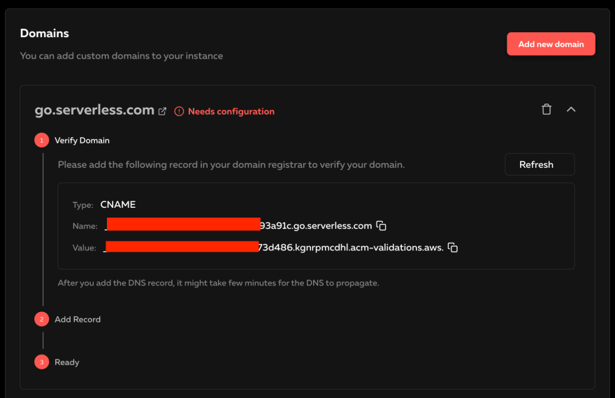 Copy the verification records to validate your domain
