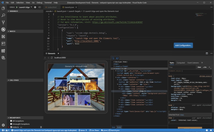 demo of edge developer tools inside VS Code