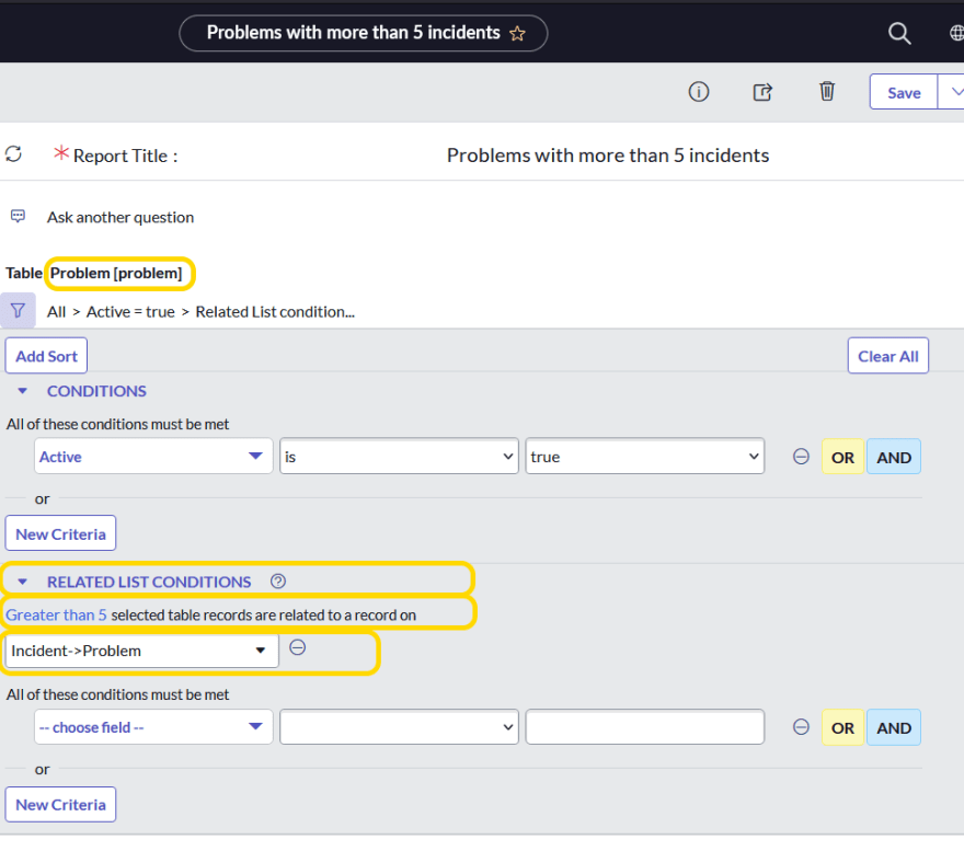Related list conditions: Show Problems with more than 5 incidents