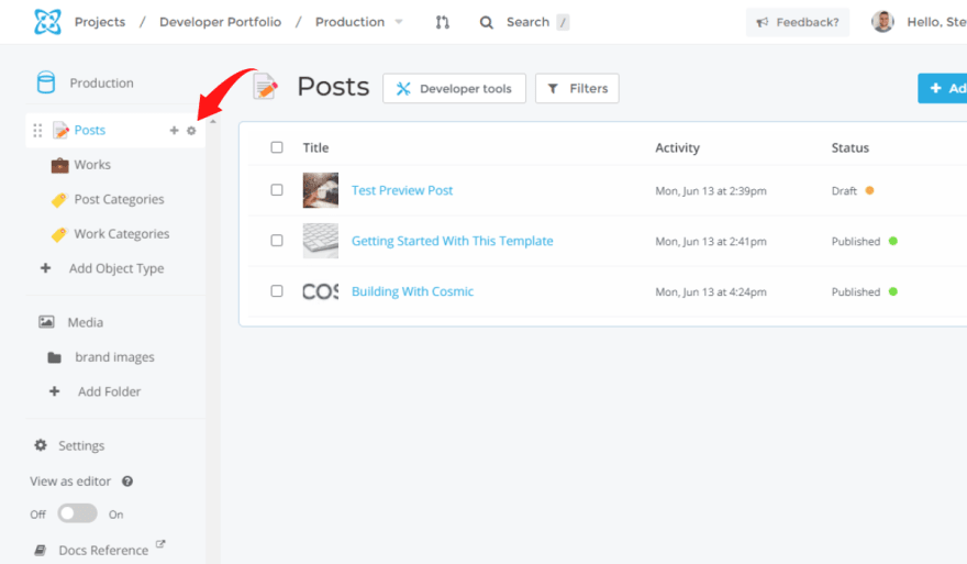 Selecting the object settings in the dashboard