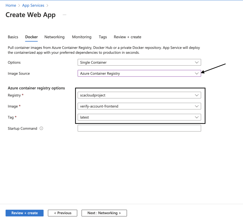 Creating Azure Web App - Docker