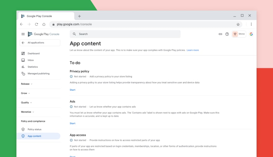 App content section on Google Play Console