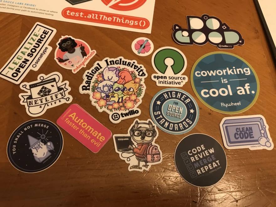 plethora of stickers that add value through cuteness, usefullness, support, or funny. Credit for these stickers (Sonatype, SauceLabs, ThisDot, Twilio, OpenSource.org, Codacy, Netlify, ChickTech, Flywheel)