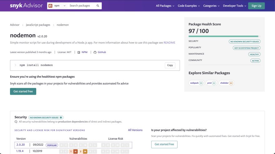 Snyk Advisor package health score