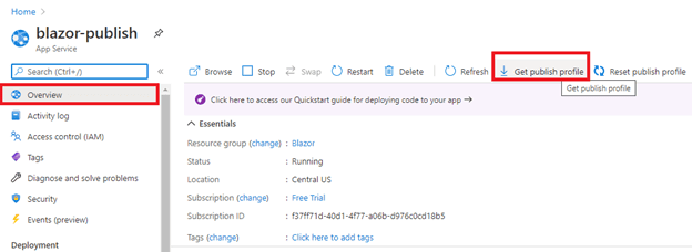 Navigate to the overview section, click on Get publish profile, and save the profile locally