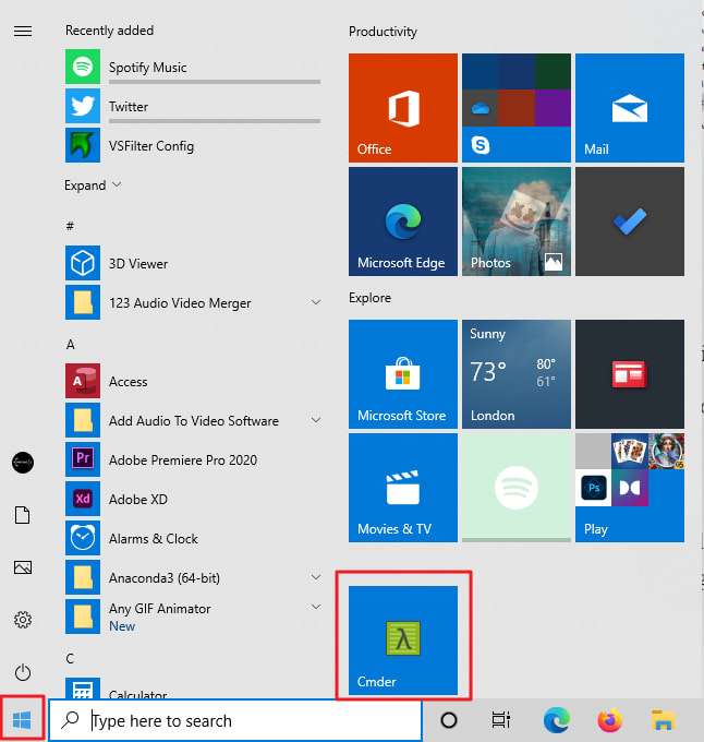 cmder on start menu