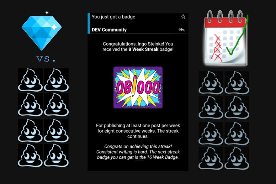 Collage of the 8-weak-streak badge, and emoji clip art graphic of a calendar with weekly checkmarks, a diamond, and a lot of poo pile characters