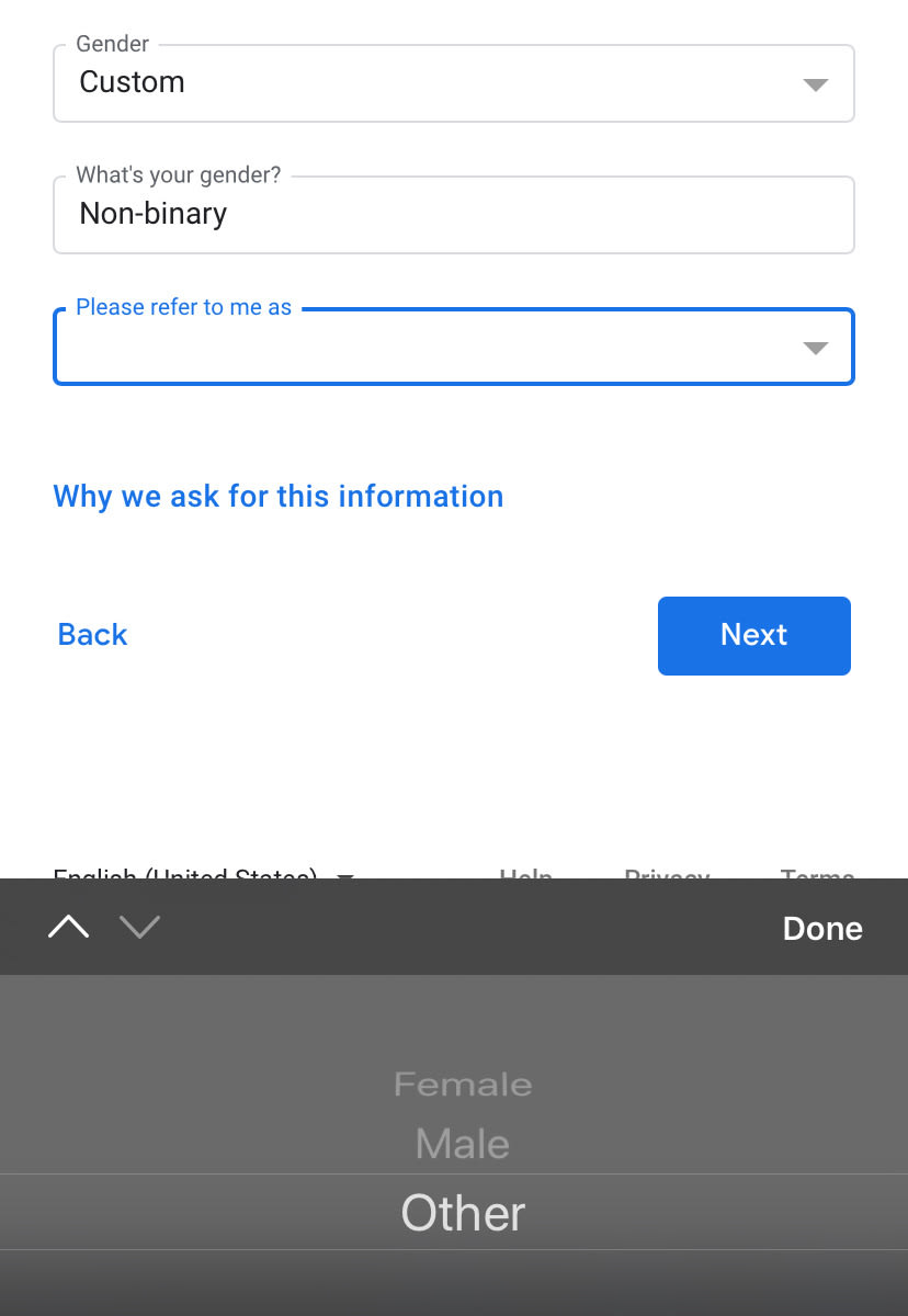 Gmail's gender selector: three options, man, woman or custom, and three options for pronouns: male, female, other
