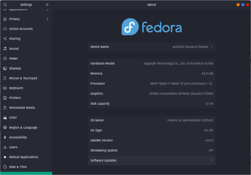 Fedora Workstation OS Info