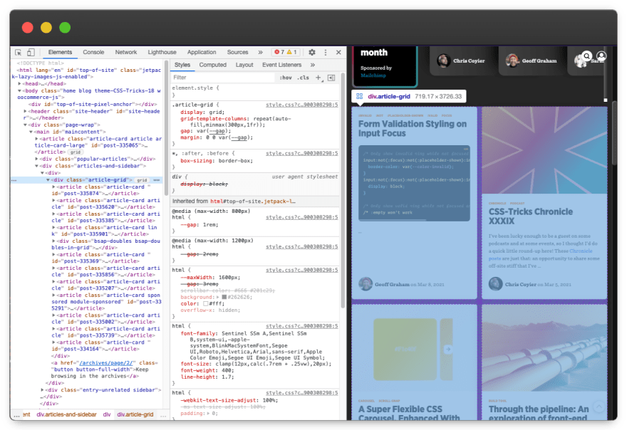 Screenshot of DevTools Grid and Flex inspector.