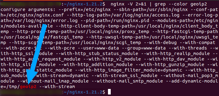 Resultado do comando  raw `nginx -V 2>&1 | grep --color geoip2` endraw  mostra que o módulo foi instalado com sucesso.