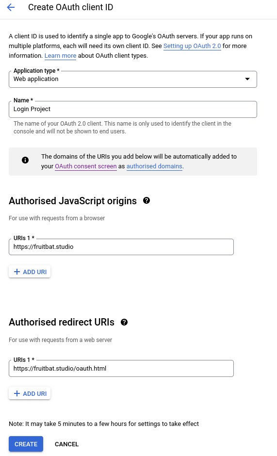 "screen capture of the form to fill out to create oauth credentials"