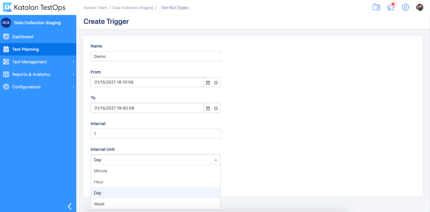 How to create Test Trigger with Test Repeat Interval Unit