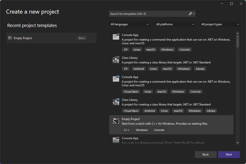 Visual Studio 2022 create a new project