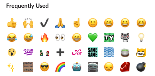 A screenshot of the emojis I use the most in Slack. It includes classics like 🙌, 👍,💡, as well as custom emojis like Mario high-fiving Luigi, a cat dancing around, etc.