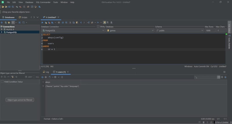 Note the data format of the hstore data stored in the "config" column.