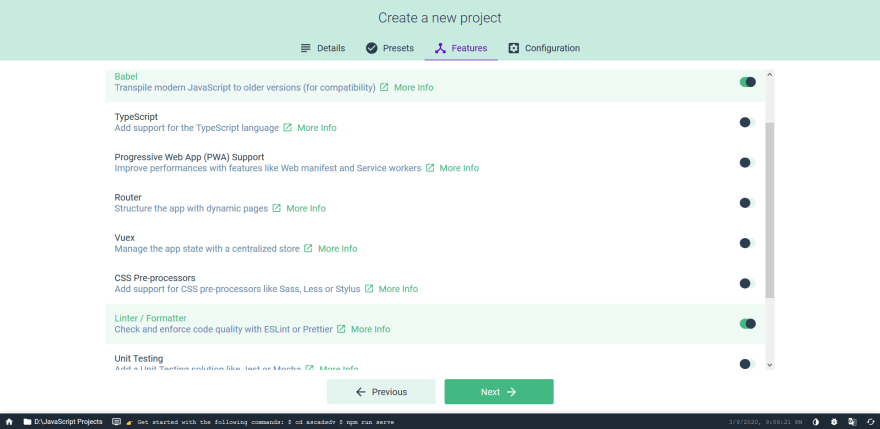 Selecting features in Vue UI