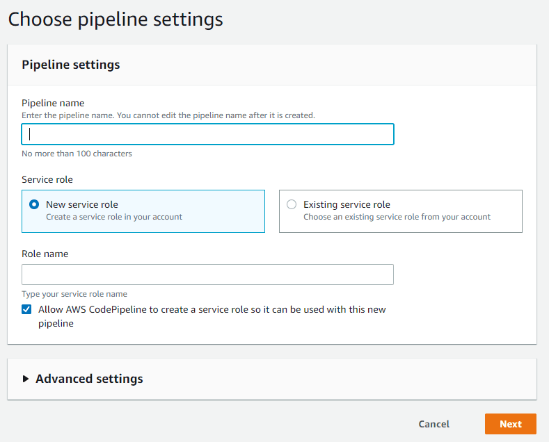 AWS pipeline settings panel with no details entered