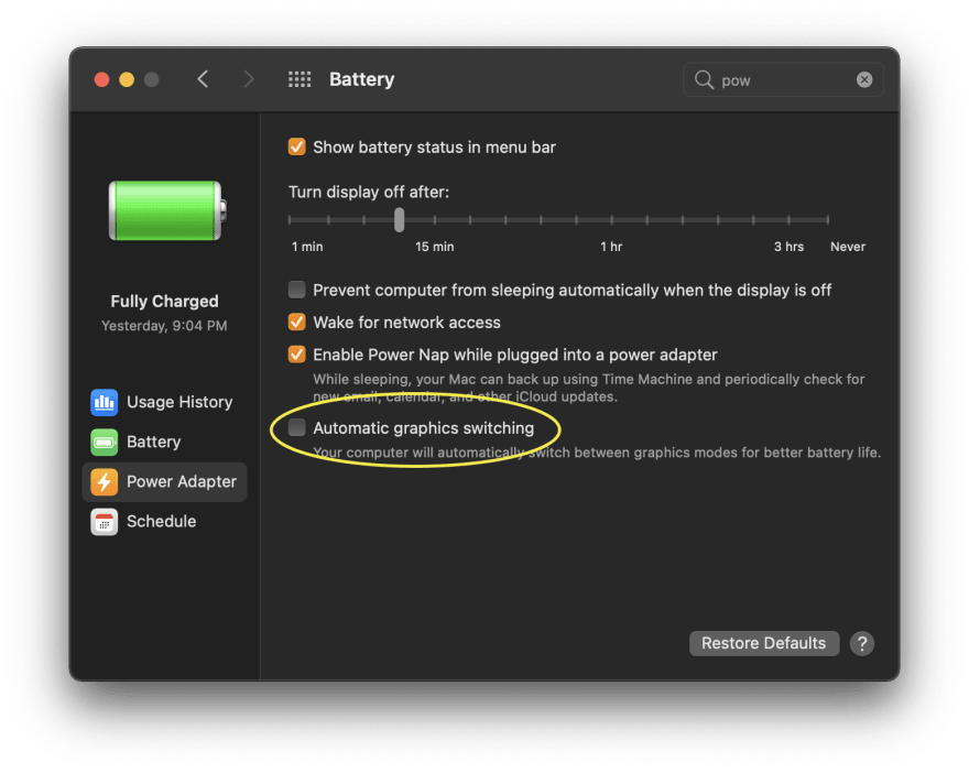 Uncheck automatic graphics switch