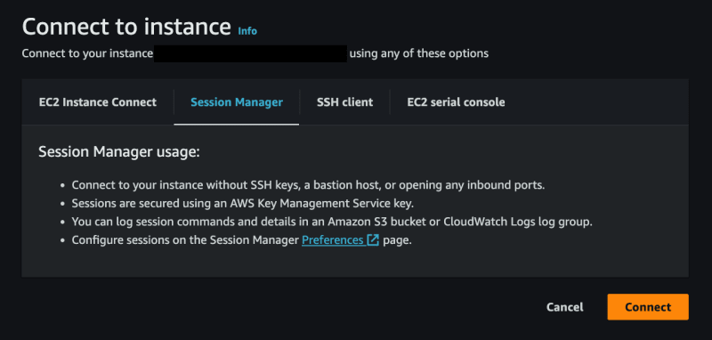 Screenshot of how to connect with session manager