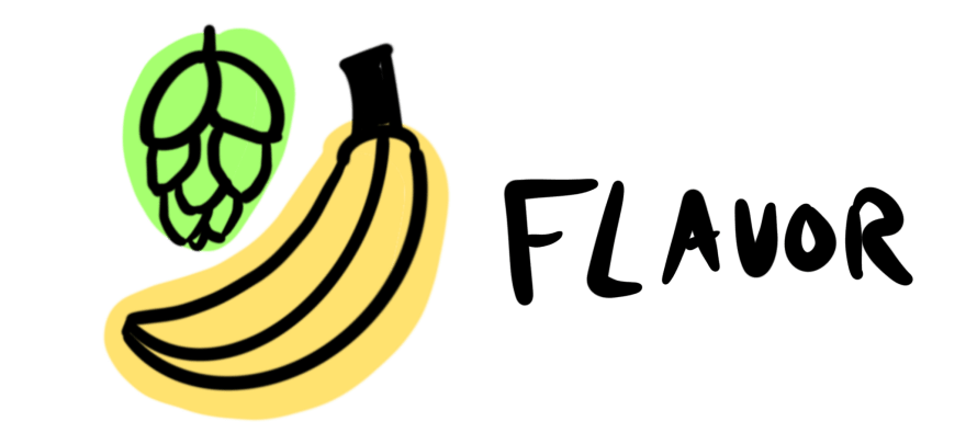 A banana and a hop with the word "Flavor" written next to it.