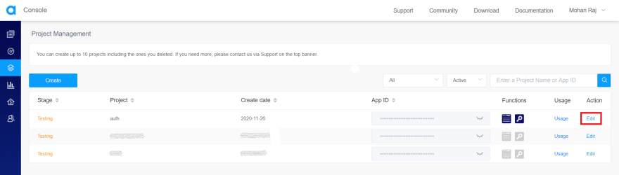 Project Management Console Edit Button